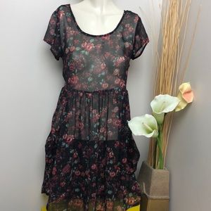 Band Of Gypsies Black Floral Boho Sheer Mini Dress Size S